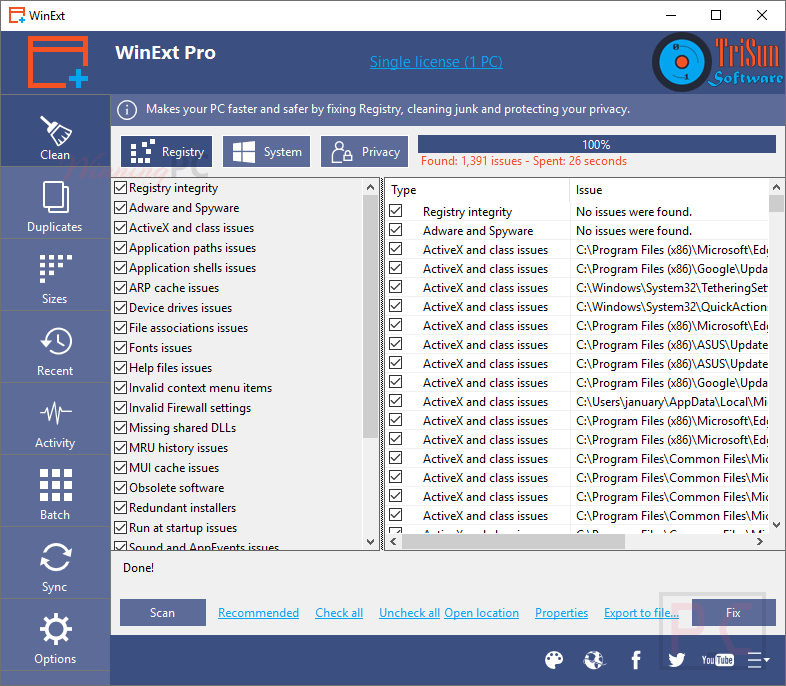 Trisun Winext Pro Clean Registry Screenshot