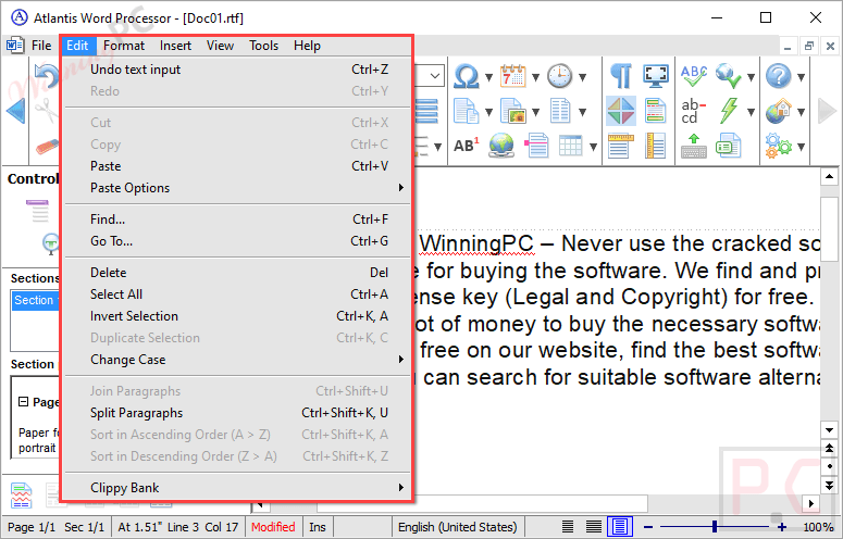 Atlantis Word Processor Edit Functions