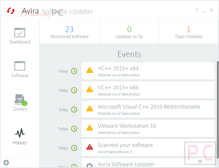 History Avira Software Updater Pro