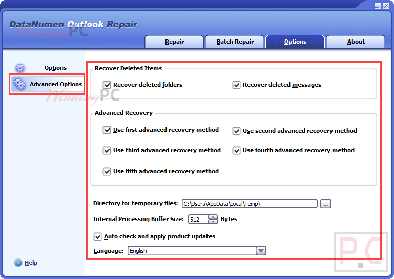 Datanumen Outlook Repair Advanced Options