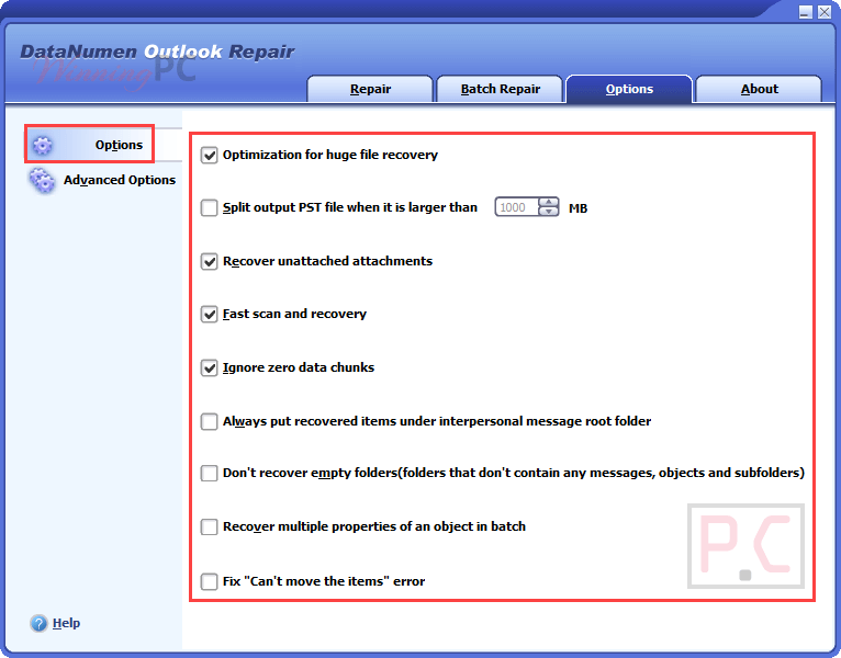 Datanumen Outlook Repair Options