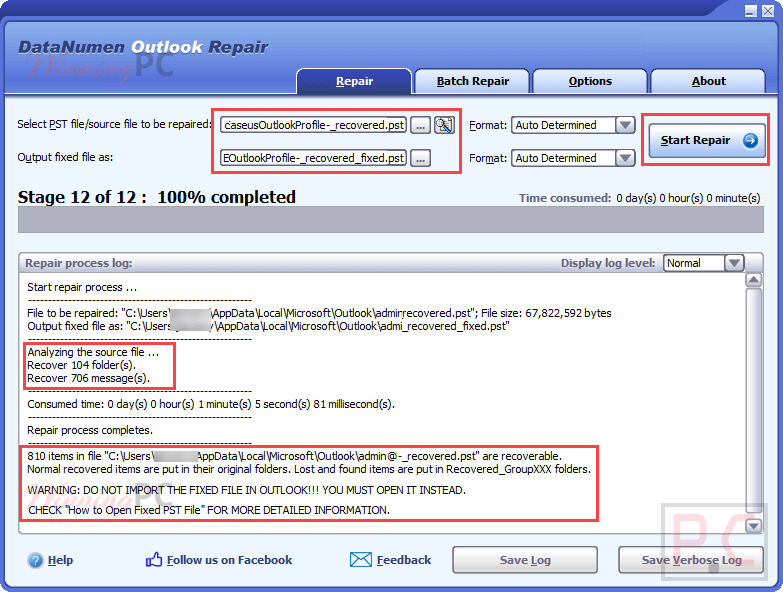 Datanumen Outlook Repair Processing