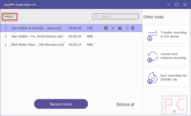 History Anymp4 Audio Recorder