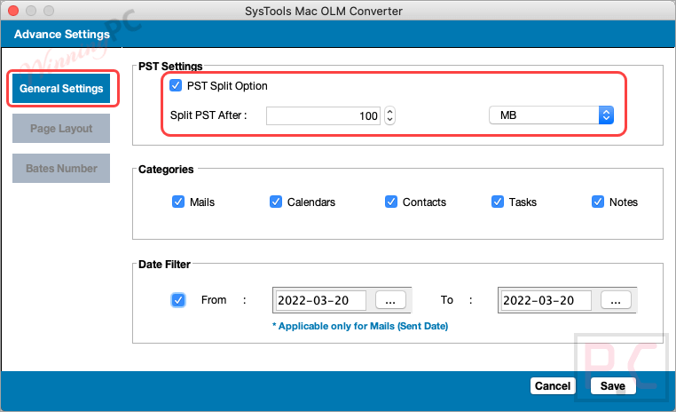 Systools Outlook Mac Exporter General Settings