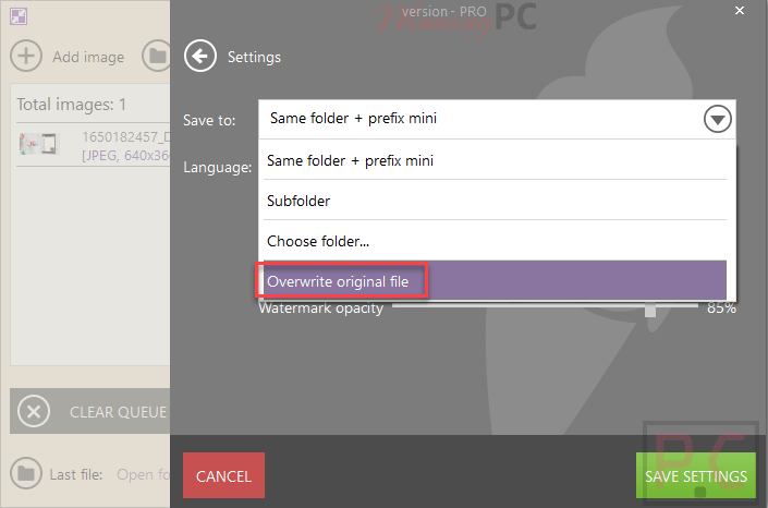 Overwrite Original File Icecream Image Resizer Pro