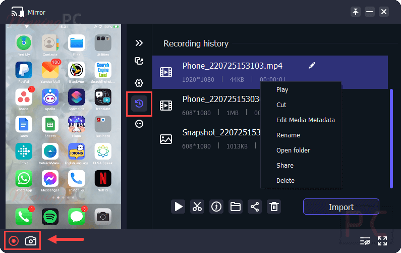 Aiseesoft Phone Mirror Recording History
