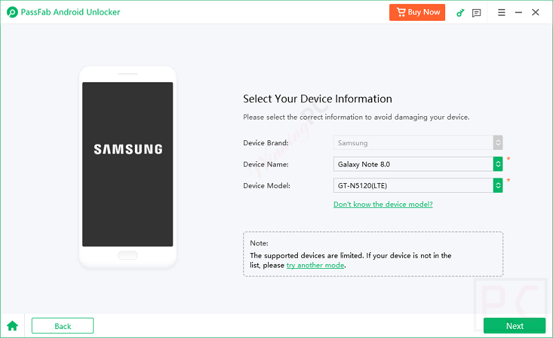 Select Device Passfab Android Unlocker