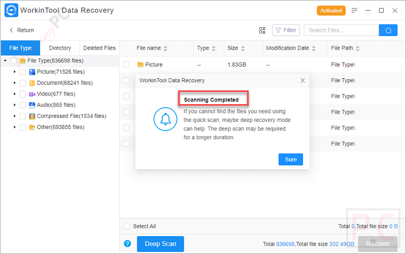 Scanning Completed Workintool Data Recovery Tool
