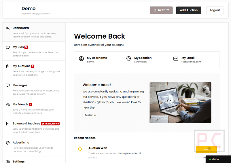 Premiumpress Auction Theme User Dashboard