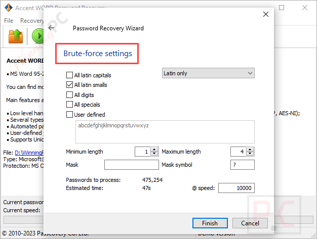 Brute Force Settings Accent Word Password Recovery Brute Force Settings Accent Word Password Recovery