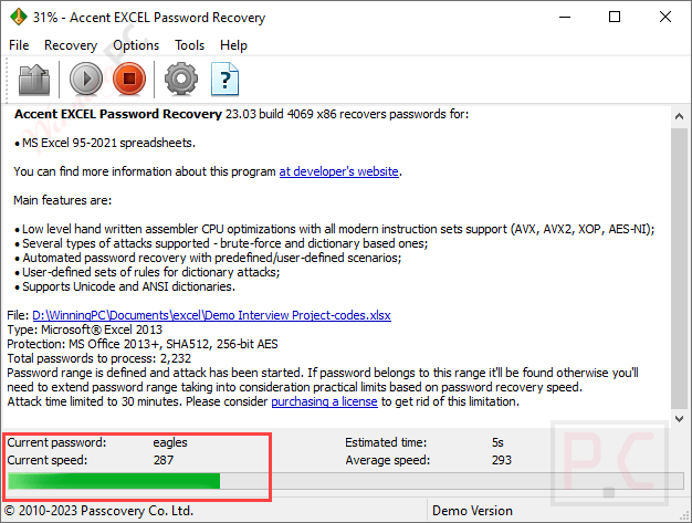 Current Speed Accent Excel Password Recovery