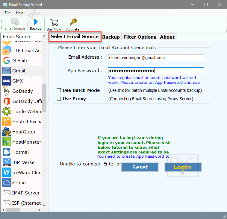 Select Email Source Email Backup Wizard Select Email Source Email Backup Wizard