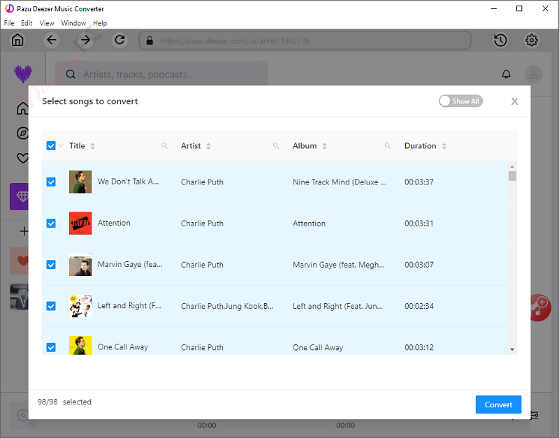 Select Song Pazu Deezer Music Converter