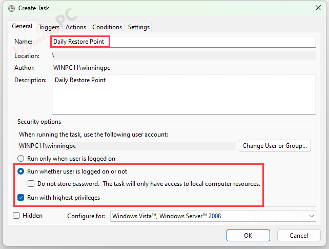 Create A Daily Windows Restore Point General Settings