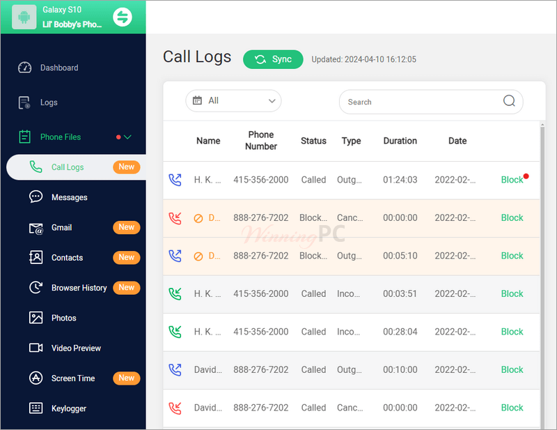 Famiguard Pro For Android Call Logs Screenshot Famiguard Pro For Android Call Logs Screenshot
