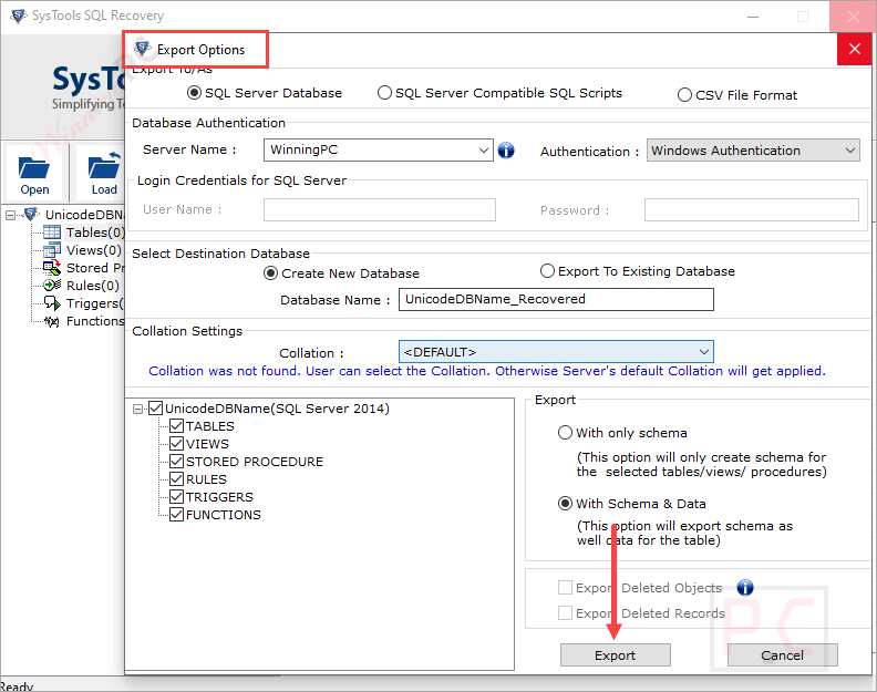 Export Options Systools Sql Recovery