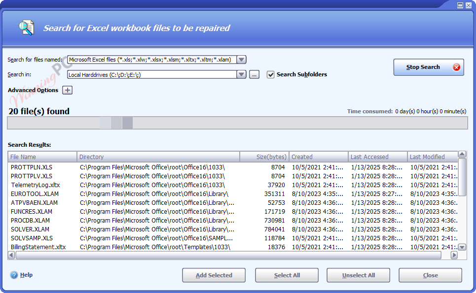Datanumen Excel Repair Search Files